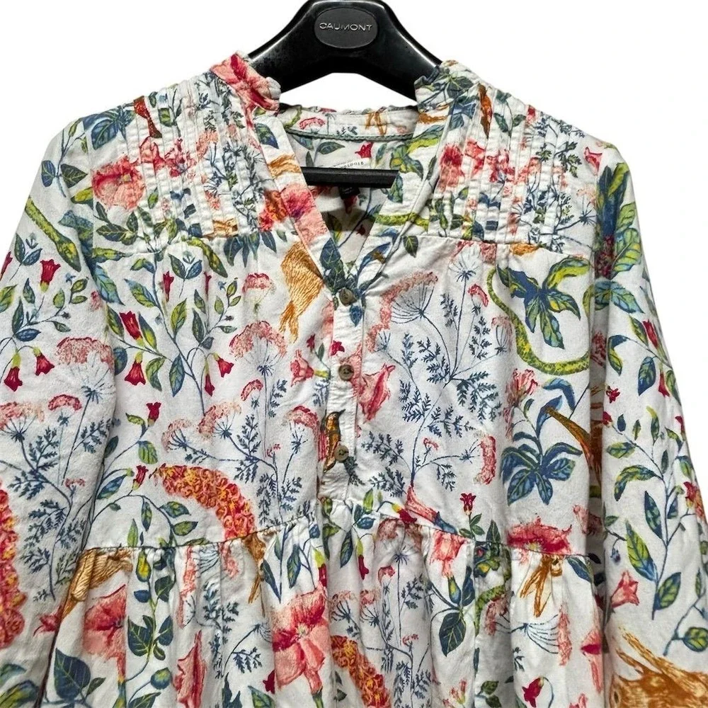 Anthropologie Whimsical Flannel Dress S Floral Rabbit Bird Print - Picture 3 of 4